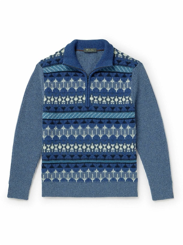 Photo: Loro Piana - Fair Isle Ribbed-Knit Cashmere Half-Zip Sweater - Blue