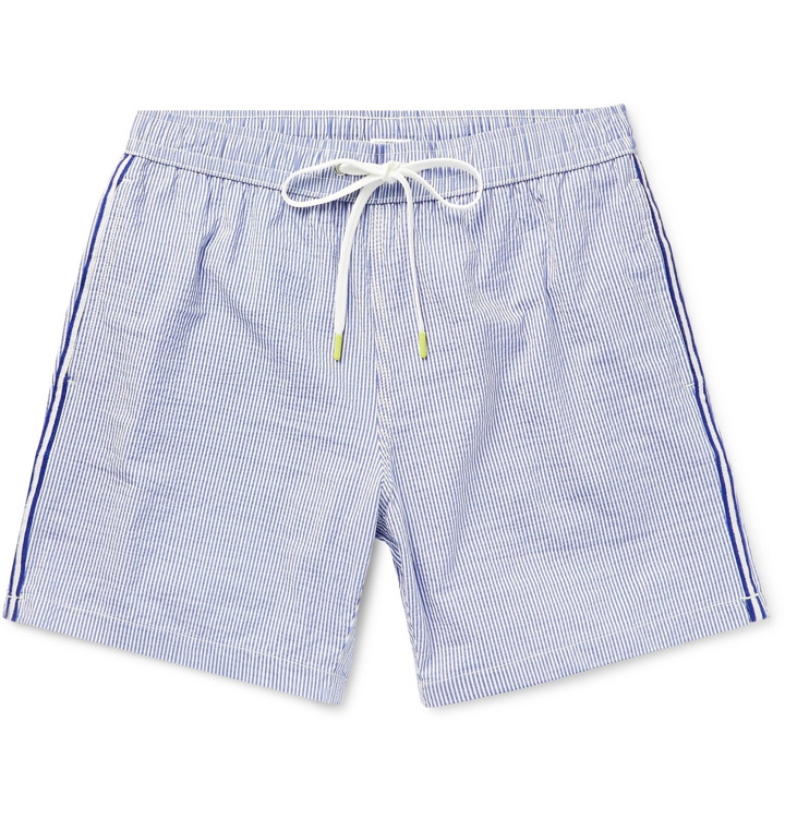 Photo: Hartford - Slim-Fit Mid-Length Striped Seersucker Swim Shorts - Blue
