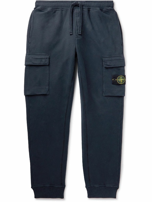 Photo: Stone Island - Slim-Fit Tapered Logo-Appliquéd Cotton-Jersey Sweatpants - Blue