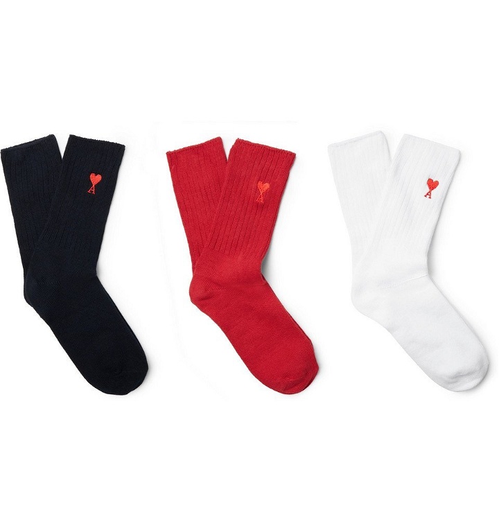 Photo: AMI - Three-Pack Logo-Embroidered Stretch Cotton-Blend Socks - Men - Multi
