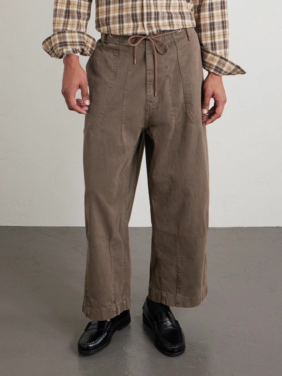 Cherry Los Angeles - Herringbone Cotton Drawstring Trousers - Brown