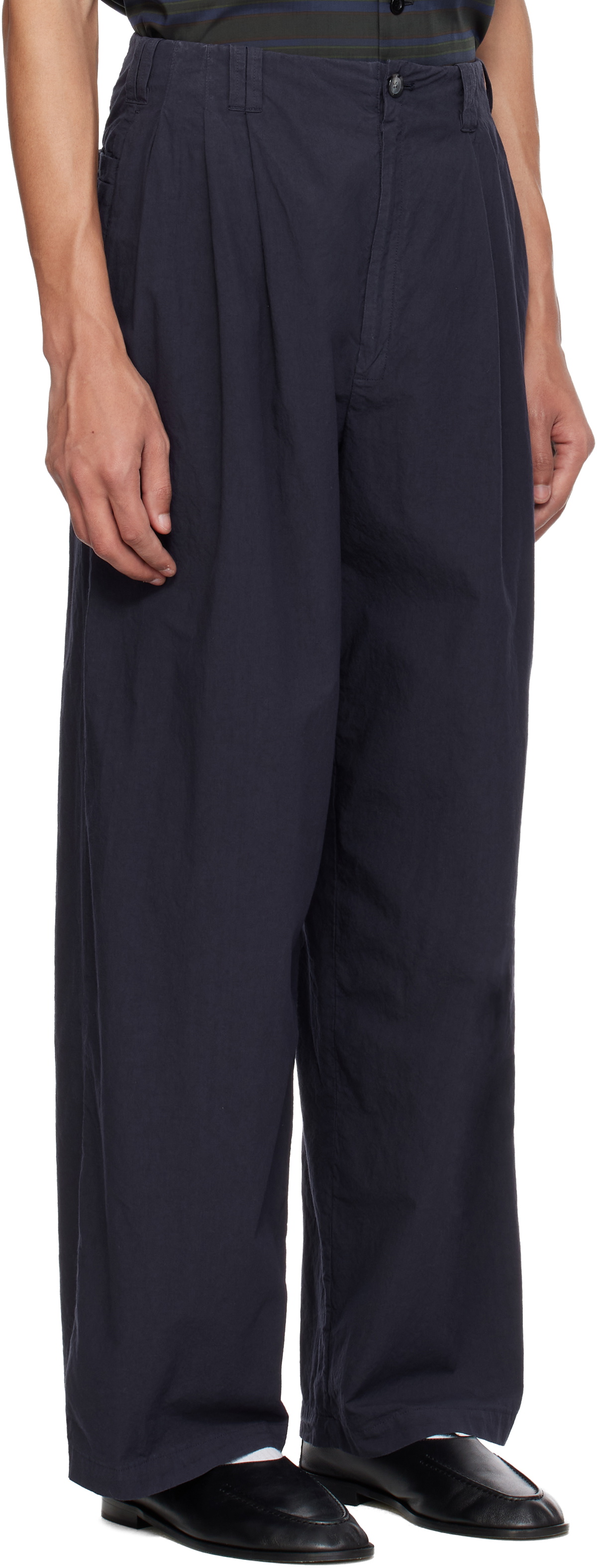 YOKE Navy Cotton Typewriter Garment-dyed 3pleated Tapered Trousers