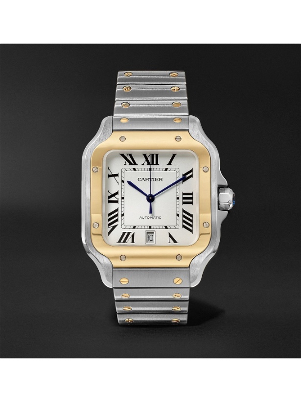 Photo: Cartier - Santos Automatic 39.8mm 18-Karat Gold Interchangeable Stainless Steel and Leather Watch, Ref. No. W2SA0006
