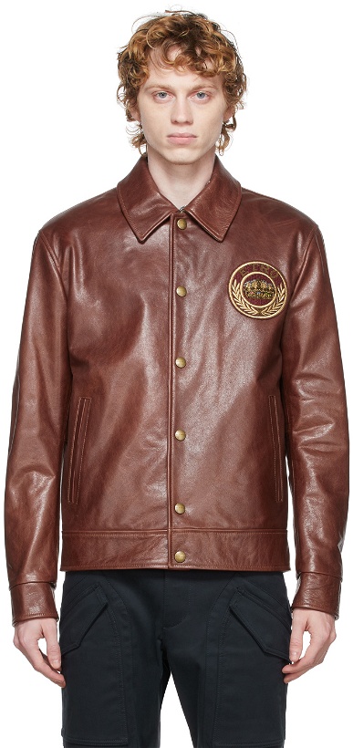Photo: Etro Burgundy Leather Logo Patch Jacket