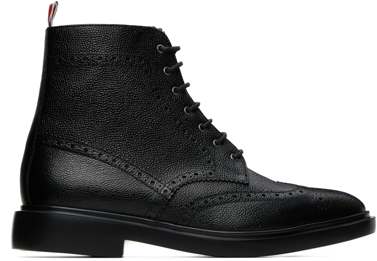 Thom Browne Black Pebble Grain Leather Wingtip Boots