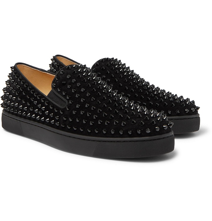 Photo: Christian Louboutin - Roller-Boat Spiked Suede Slip-On Sneakers - Black