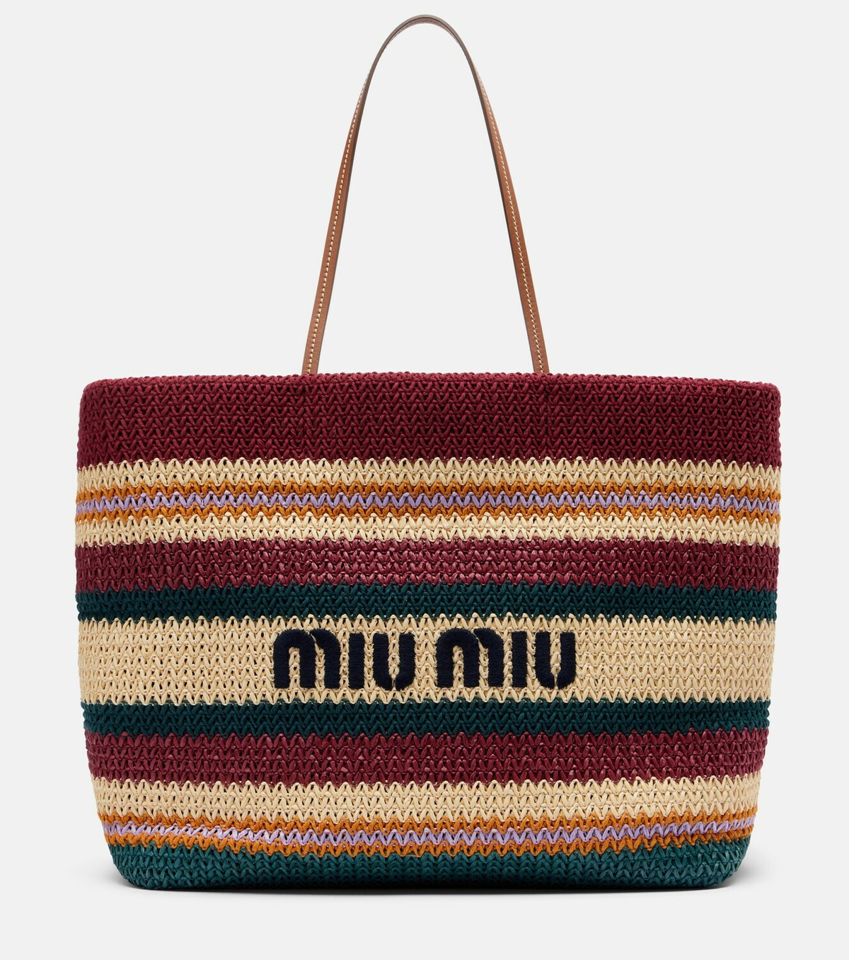 Miu Miu Striped woven raffia-effect tote bag