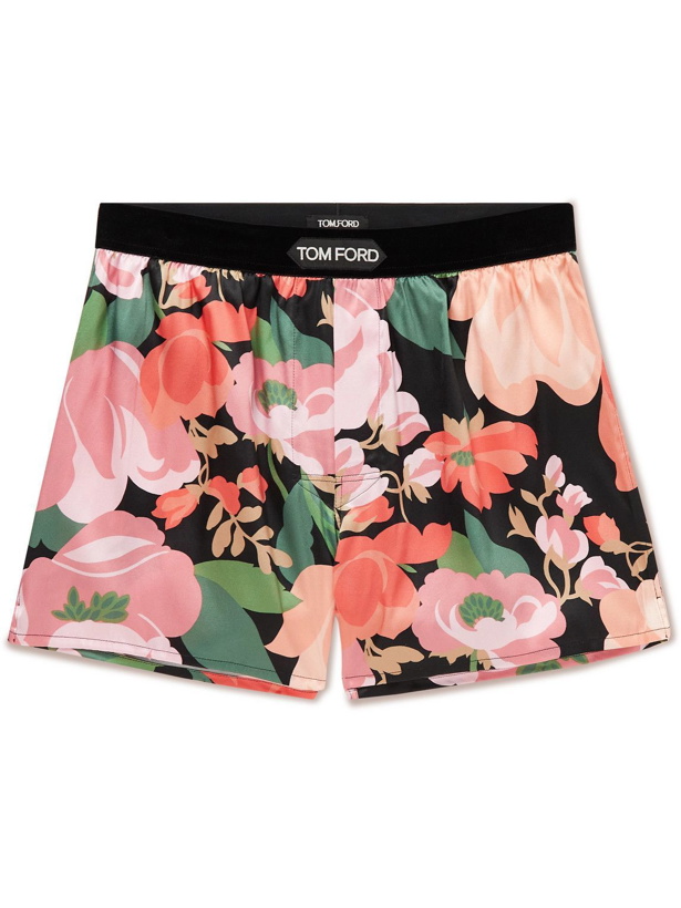Photo: TOM FORD - Velvet-Trimmed Floral-Print Stretch-Silk Satin Boxer Shorts - Pink