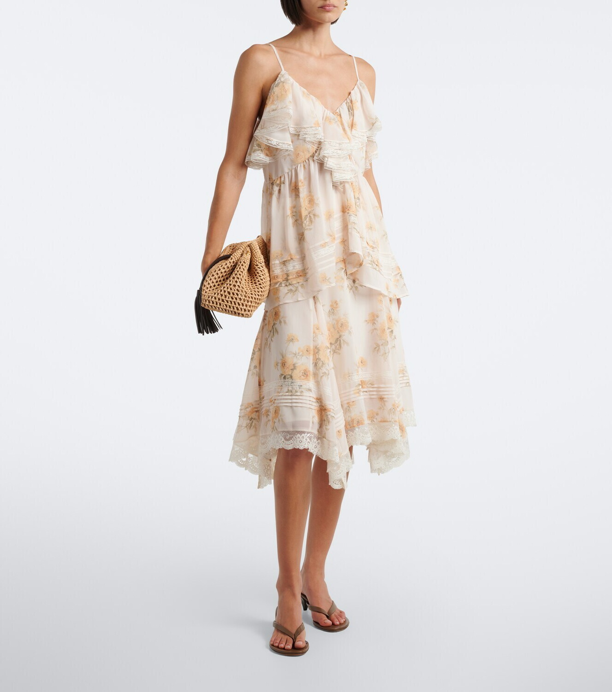 Xu Zhi Floral asymmetric lace-trimmed midi skirt