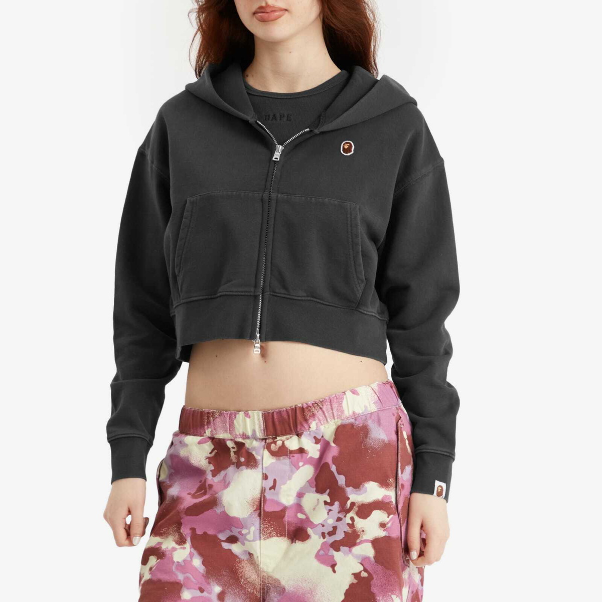 A Bathing Ape Women's Pigment Dyed One Point Crop Zip Hoodie in Black