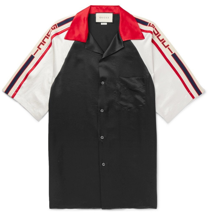 Photo: Gucci - Camp-Collar Webbing-Trimmed Satin Shirt - Men - Black