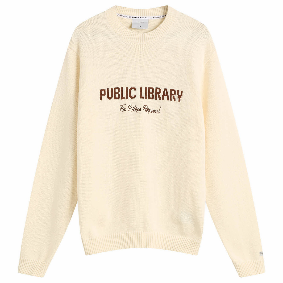 Percival Men's Public Library Knitted Crew Jumper in Ecru