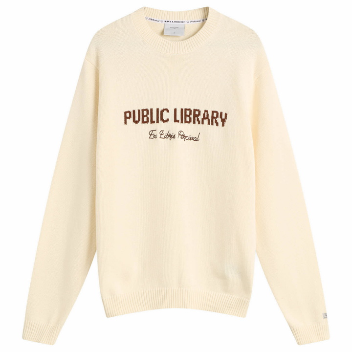 Photo: Percival Men's Public Library Knitted Crew Jumper in Ecru