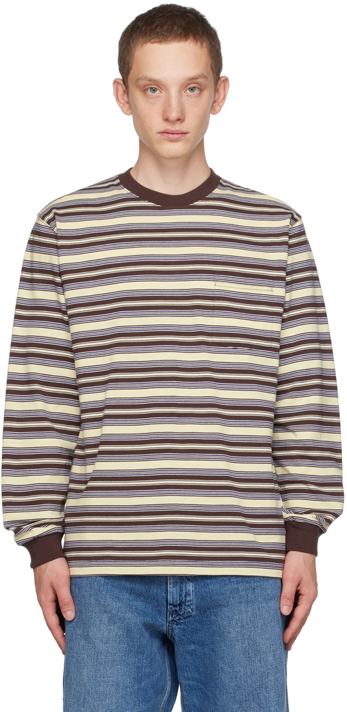 Photo: BEAMS PLUS Brown & Off-White Striped Long Sleeve T-Shirt