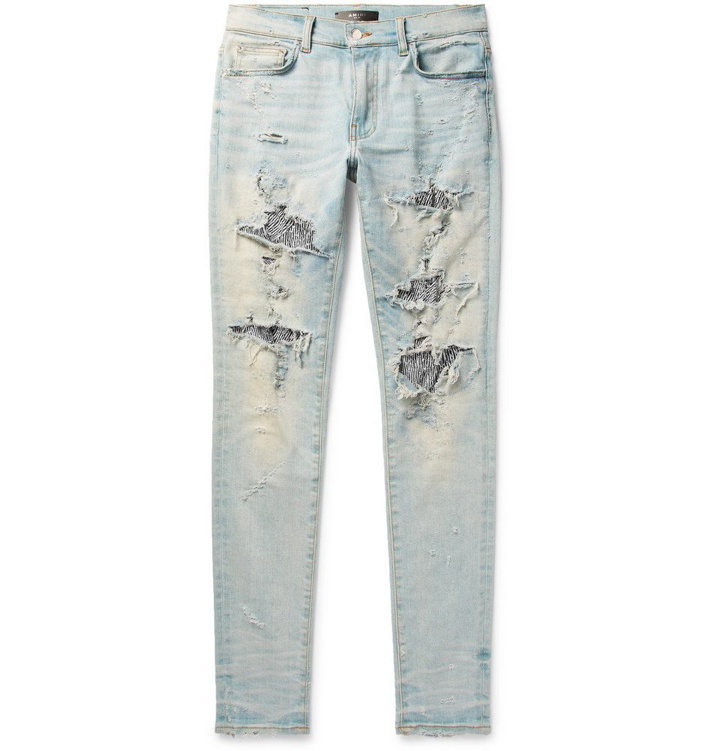 Photo: AMIRI - Skinny-Fit Sequin-Embellished Distressed Stretch-Denim Jeans - Light blue