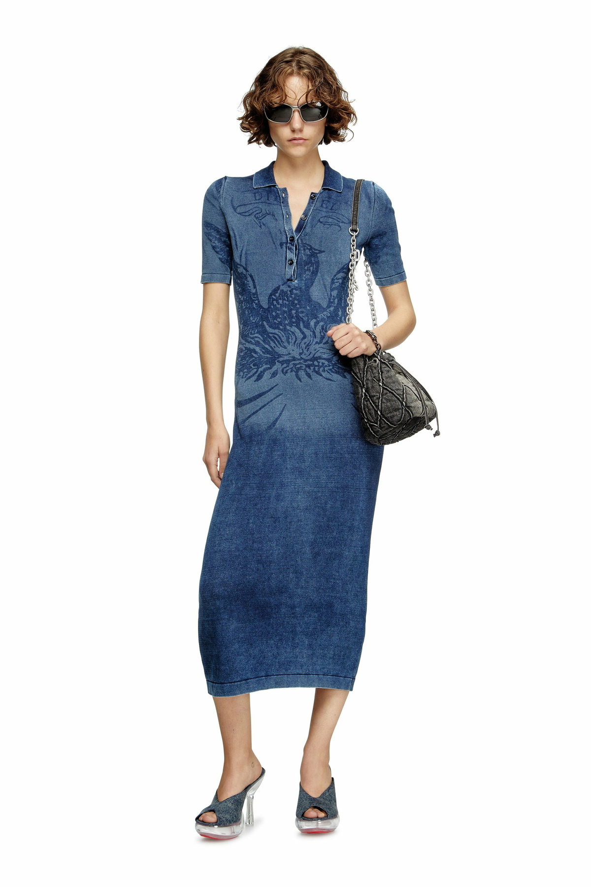 Diesel Polo midi dress in denim-effect knit - Dresses Womens in Blue