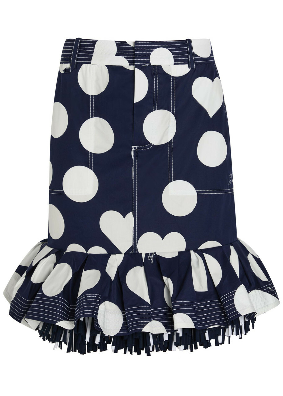 Jacquemus La Jupe Cabana Polka dot Fringed Cotton Knee-length Skirt Navy