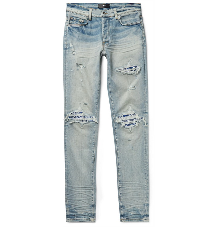 Photo: AMIRI - MX1 Skinny-Fit Distressed Leather-Panelled Stretch-Denim Jeans - Blue