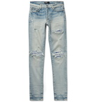 AMIRI - MX1 Skinny-Fit Distressed Leather-Panelled Stretch-Denim Jeans - Blue