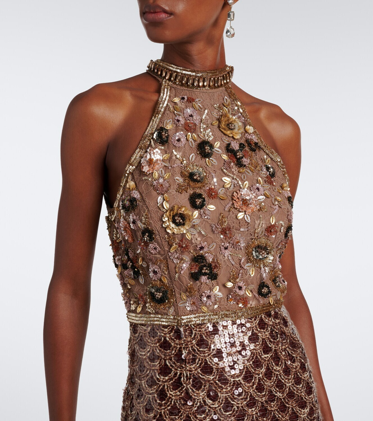 Là Fuori Scales of Gold embellished halterneck gown