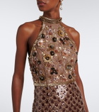 Là Fuori Scales of Gold embellished halterneck gown
