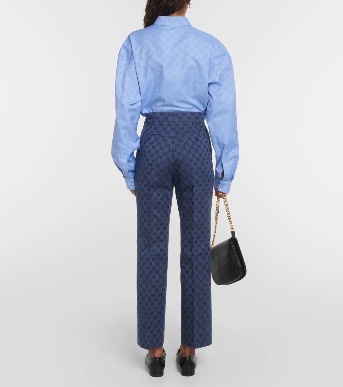 Blue GG-jacquard tie-waist linen shirt dress, Gucci
