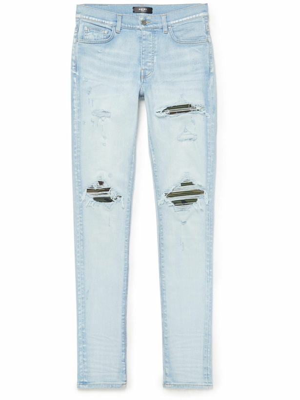 Photo: AMIRI - MX1 Skinny-Fit Distressed Panelled Jeans - Blue