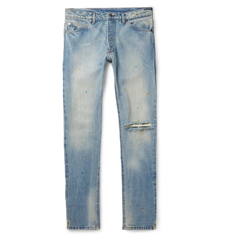 Photo: Rhude - Slim-Fit Distressed Paint-Splattered Denim Jeans - Blue