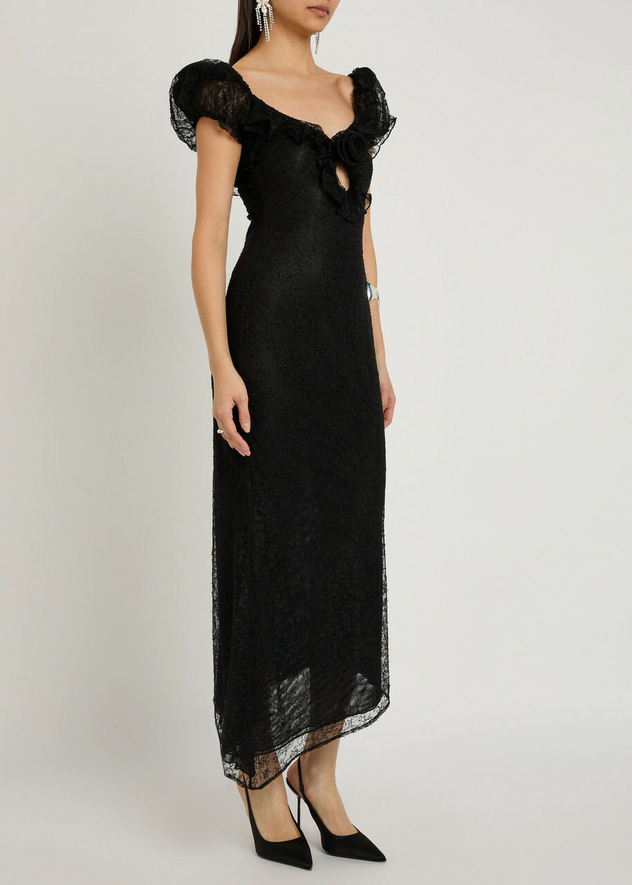 DE LA Vali Eden Ruffle-trimmed Lace Midi Dress Black