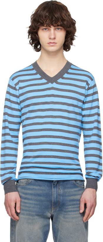 Photo: Junya Watanabe Blue & Gray Worsted Wool Jersey Stripe Sweater