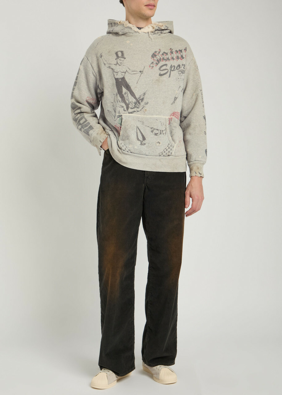 Saint Mxxxxxx X Alexis Drawing Distressed Hooded Cotton Sweatshirt Grey