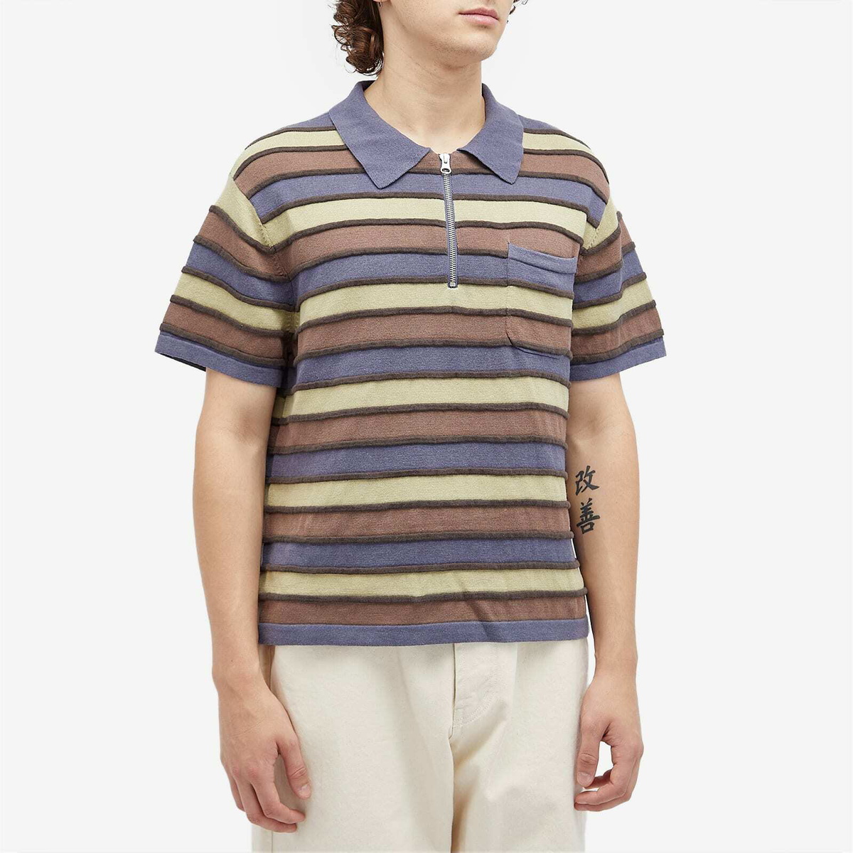 Brain Dead Men's Lifted Stripe Half Zip Polo in Blue Multi