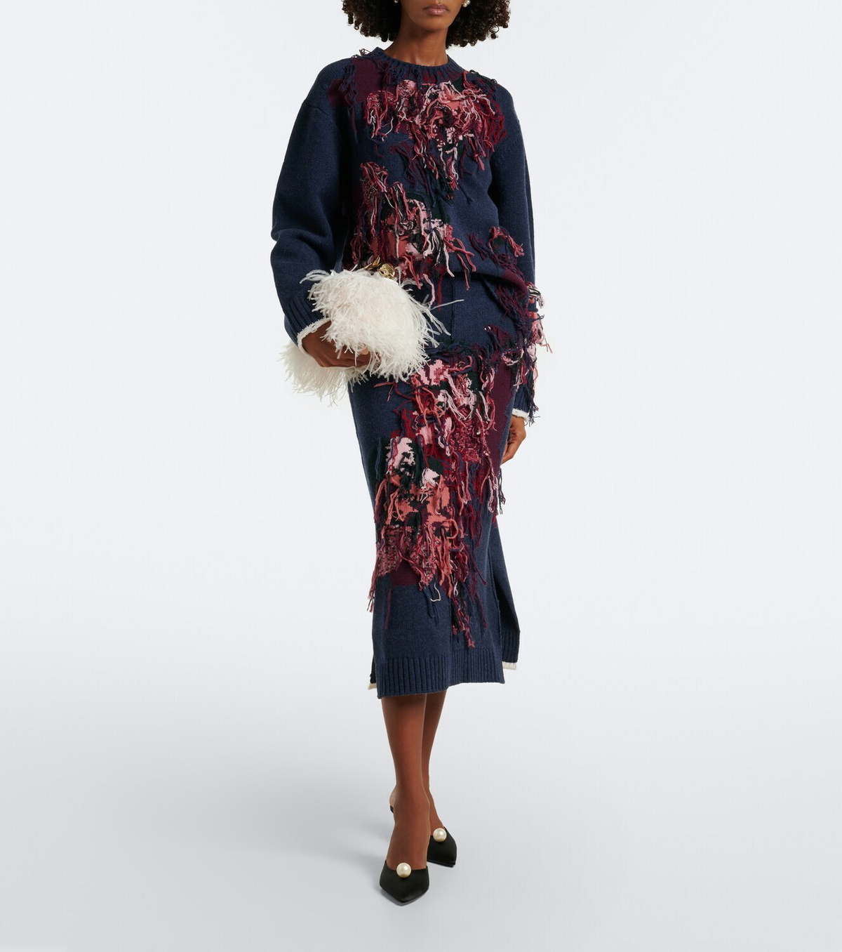 Erdem Fringed intarsia wool midi skirt