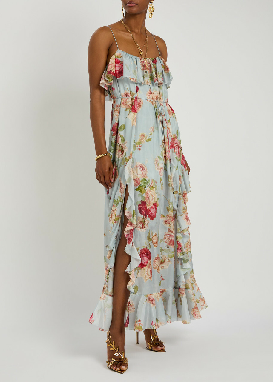 Zimmermann Roselight Floral-print Ruffled Silk Maxi Dress Blue