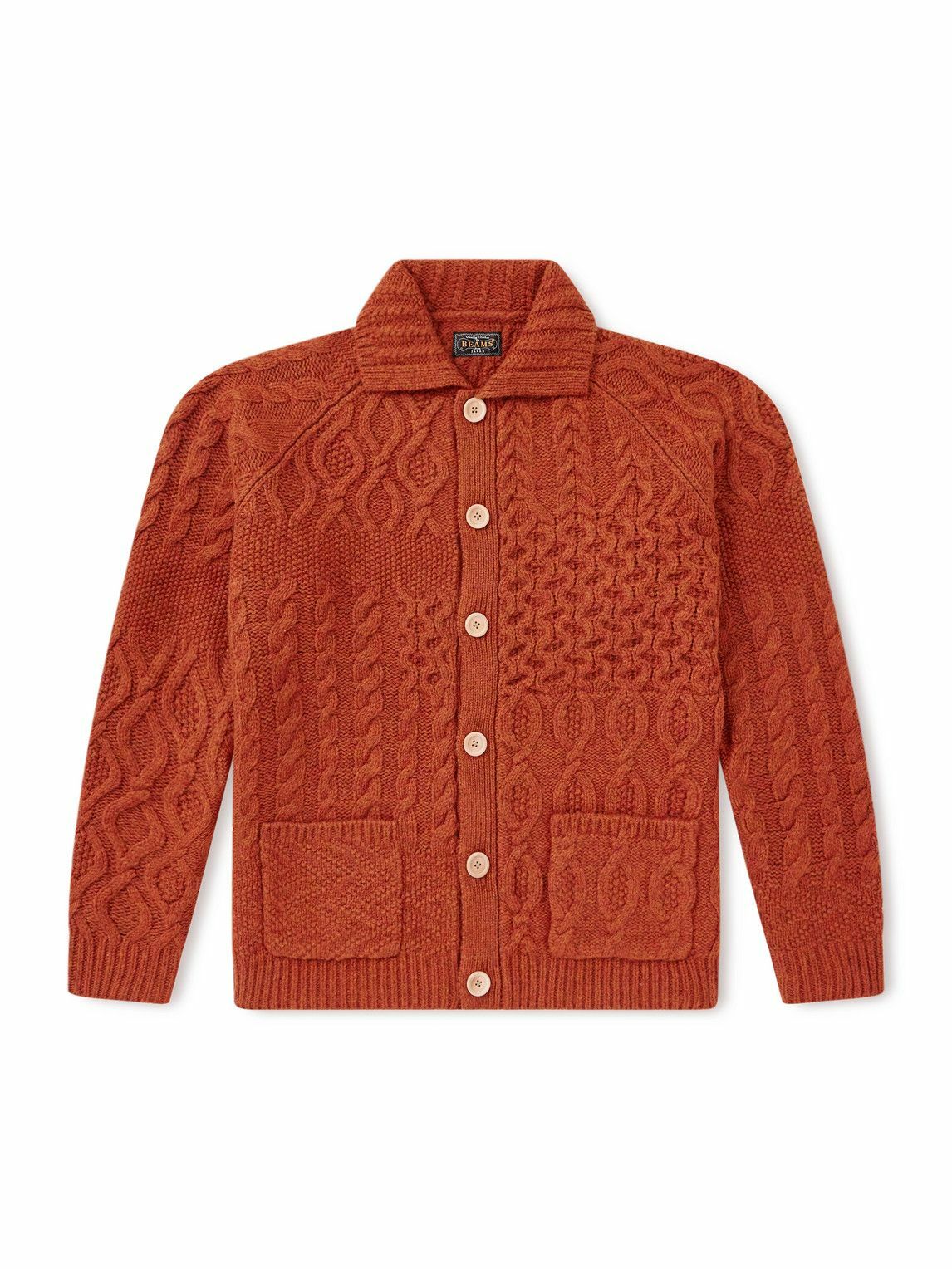 Beams Plus - Alan Patchwork Cable-Knit Wool Cardigan - Orange