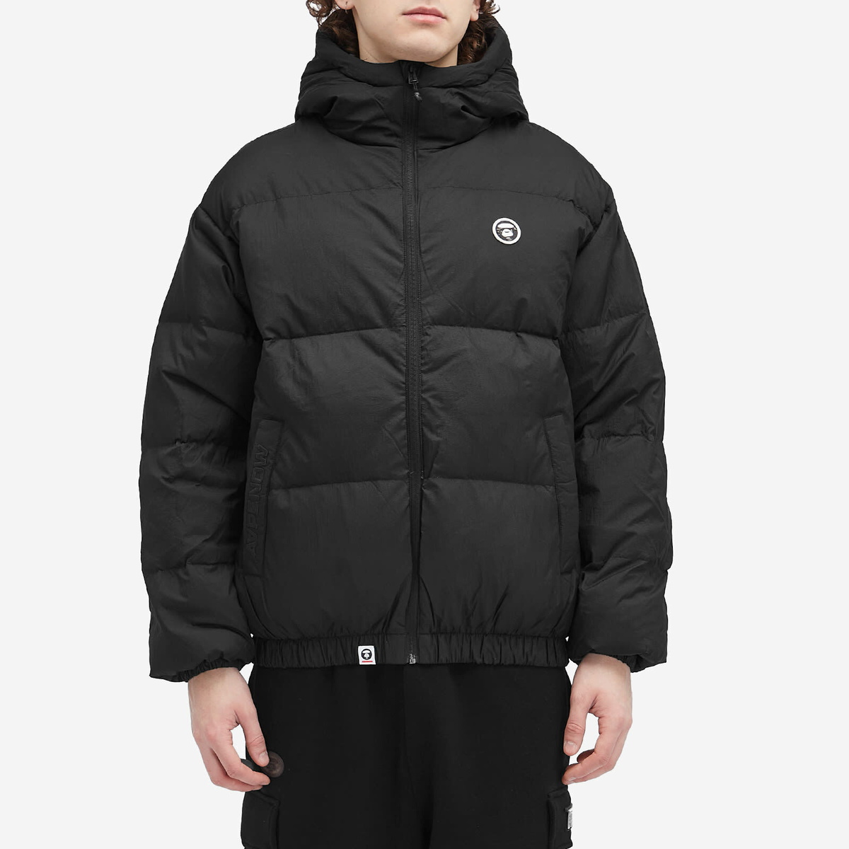 Men's AAPE Now Camo Badge Hooded Down Jacket in Black AAPE