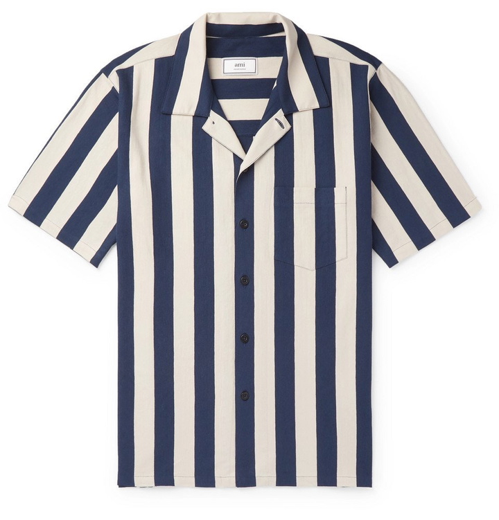 Photo: AMI - Slim-Fit Camp-Collar Striped Cotton Shirt - Blue