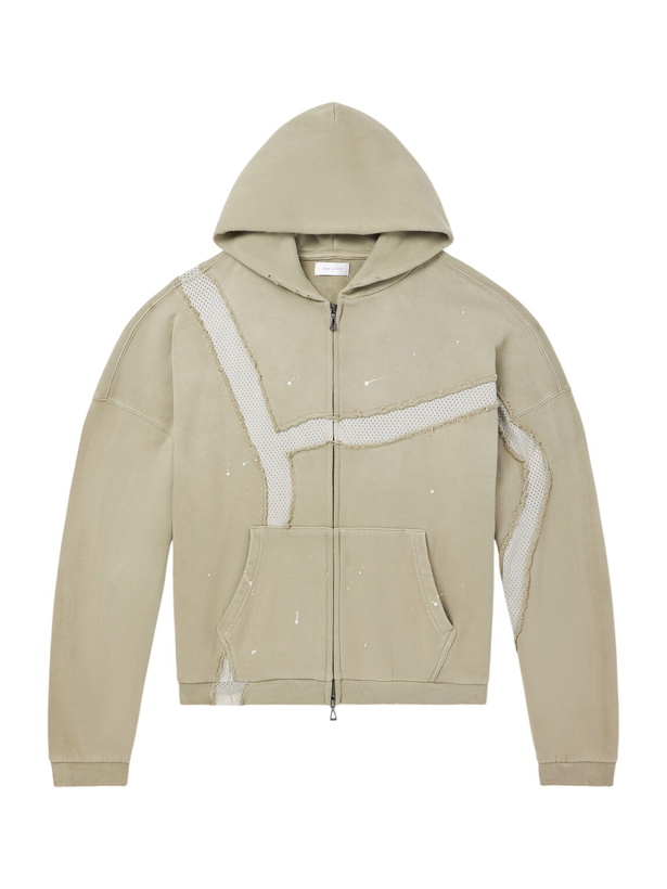 Photo: John Elliott - Mesh-Trimmed Paint-Splattered Cotton-Jersey Zip-Up Hoodie - Green