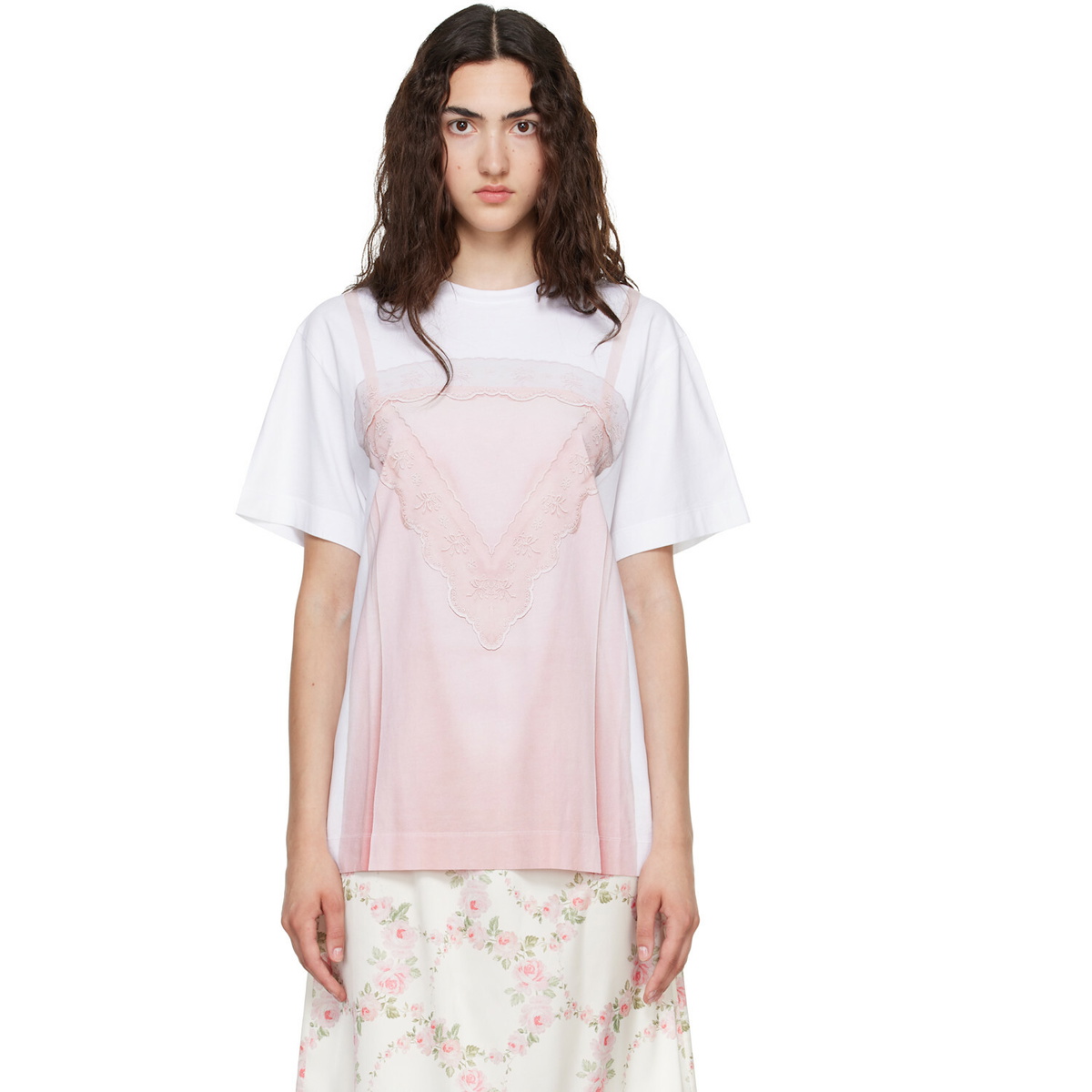 Simone Rocha White & Pink Bow Sash Slip Dress Trompe L'Oeil Print T-shirt