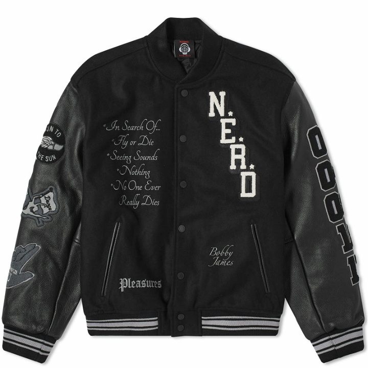 Photo: Pleasures Men's x N.E.R.D Varsity Jacket in Black