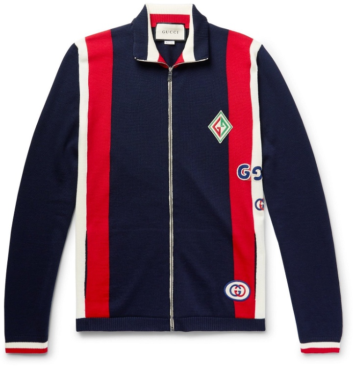 Photo: Gucci - Logo-Appliquéd Striped Wool Zip-Up Sweater - Blue