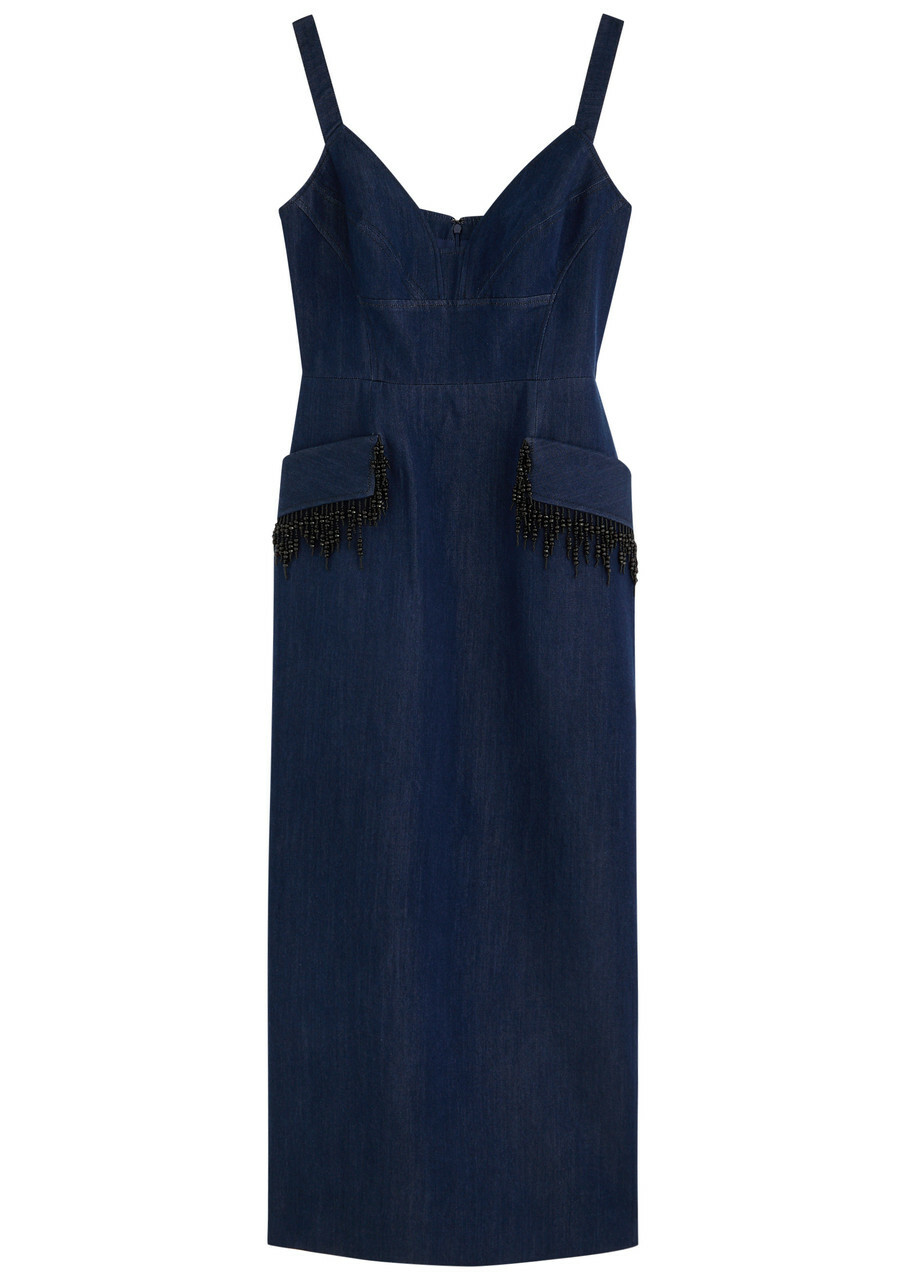 Huishan Zhang Rosalia Embellished Chambray Midi Dress Dark Blue