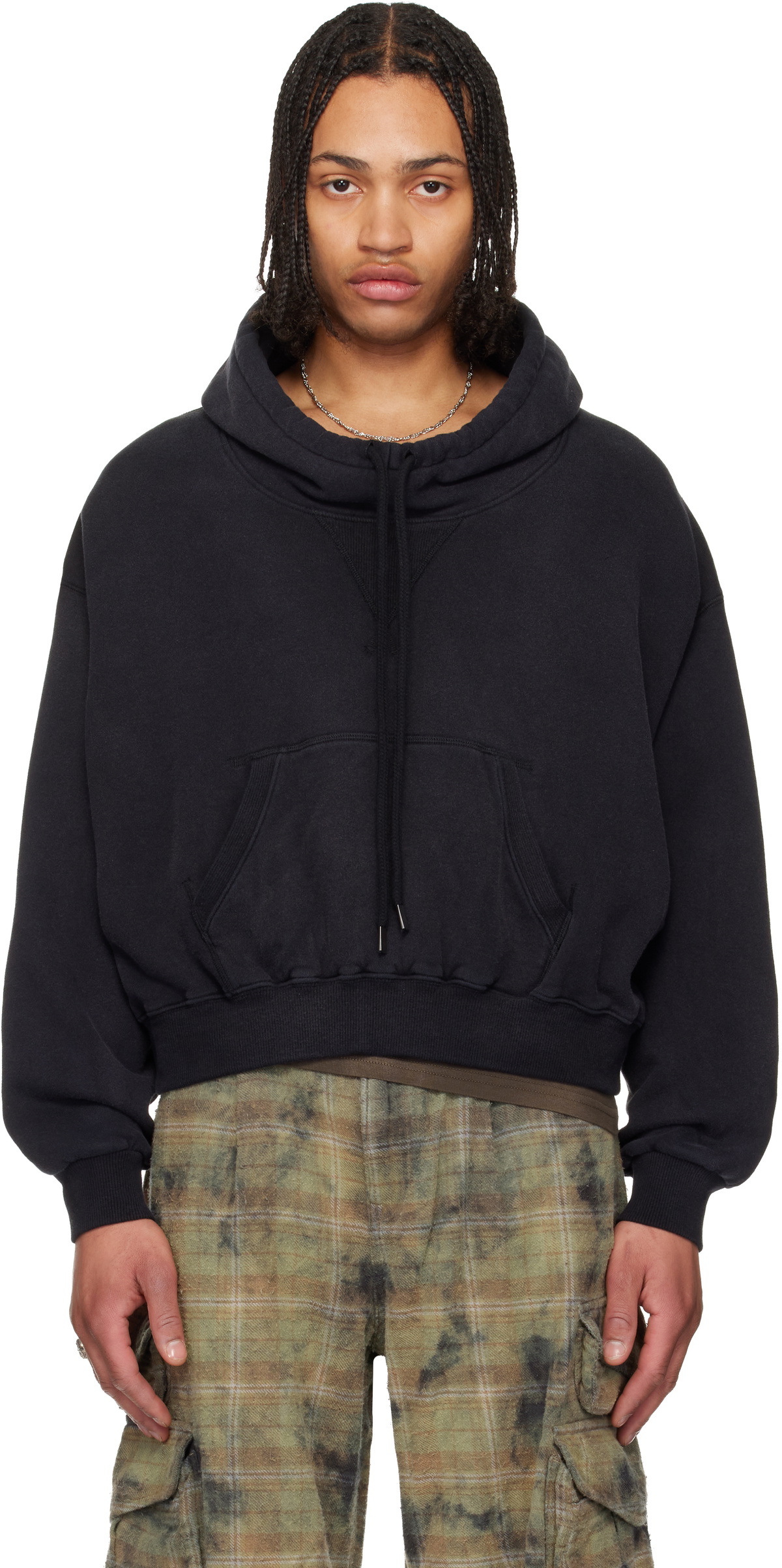 R13 Black Funnel Neck Cropped Popover Hoodie