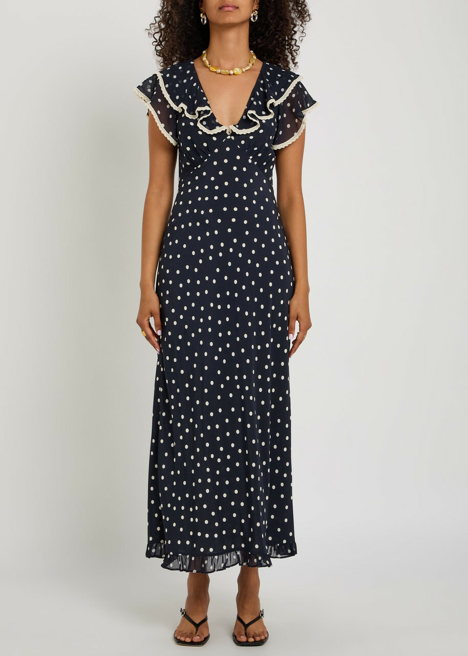 Rixo Bethea Polka dot Crepe de Chine Midi Dress Navy