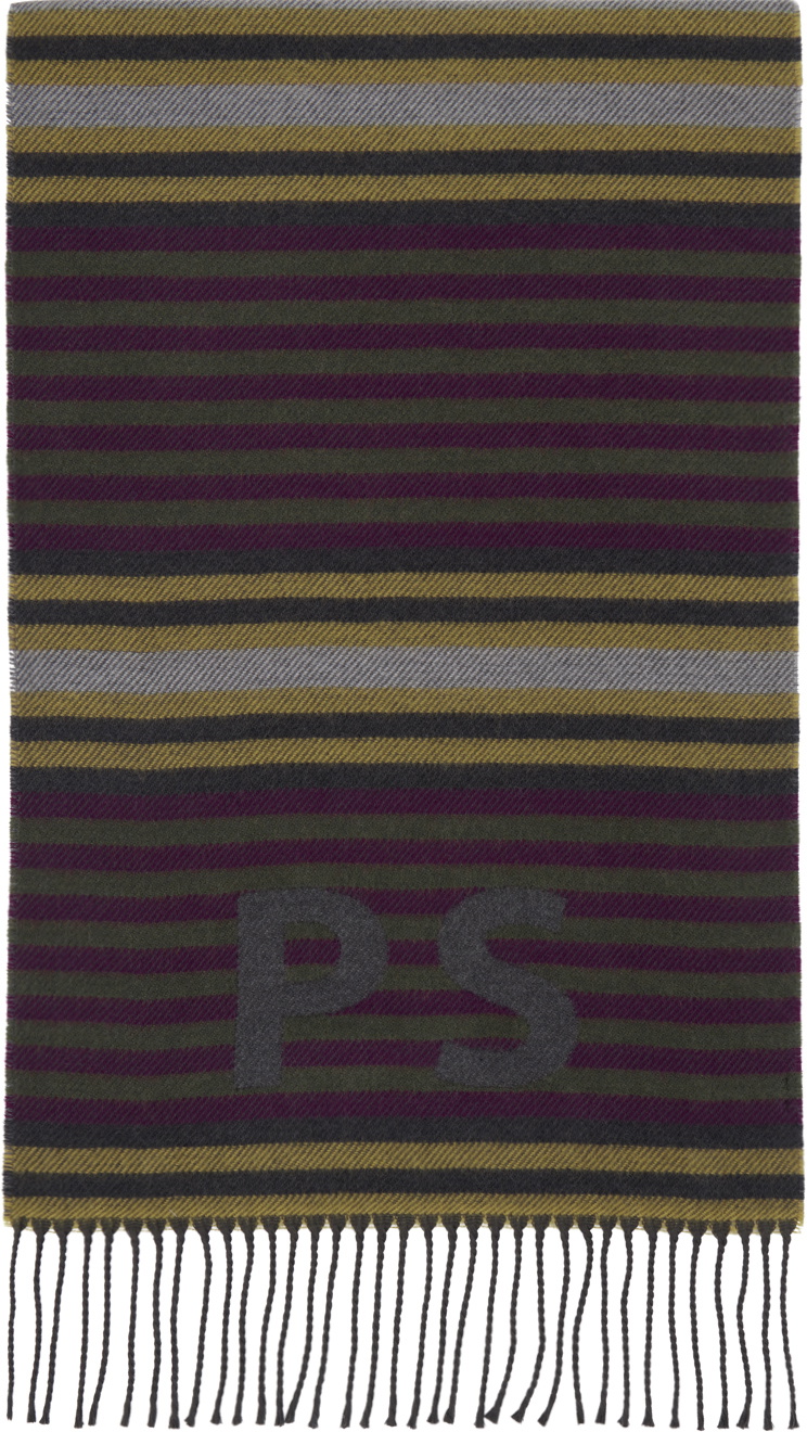 PS by Paul Smith Khaki & Purple Jersey Stripe Scarf