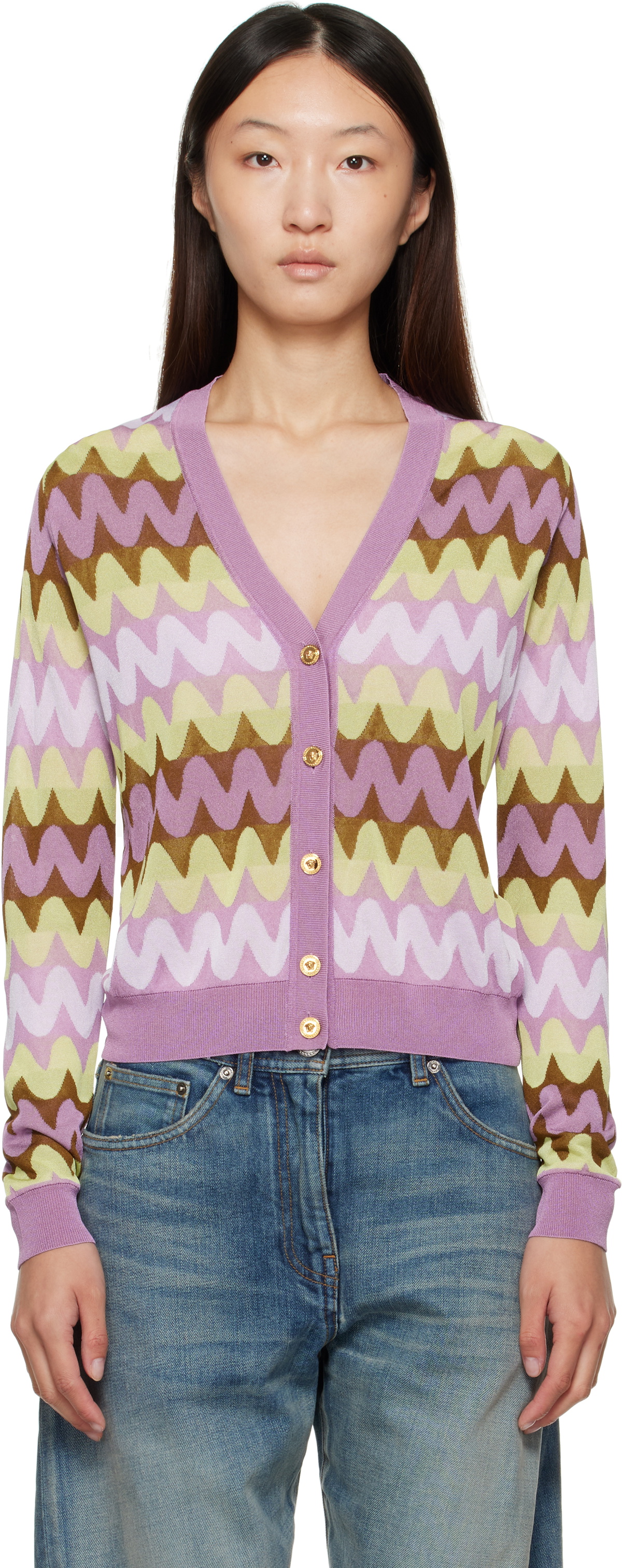 Versace Multicolor Wave Jacquard Knit Cardigan