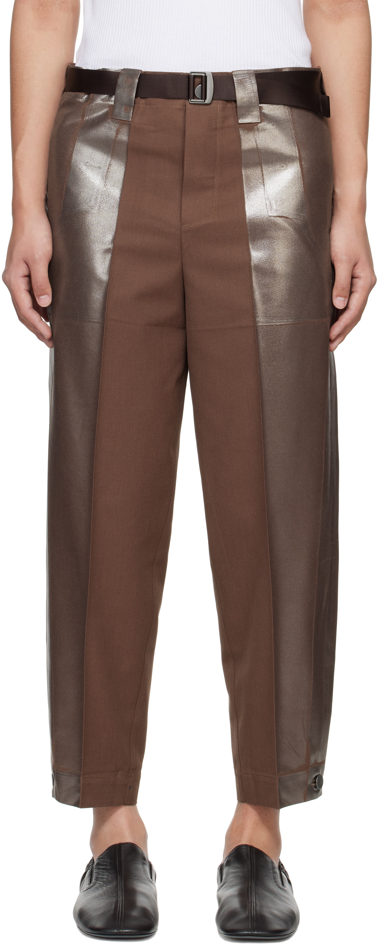 132 5. ISSEY MIYAKE Brown Tucked Foil Trousers