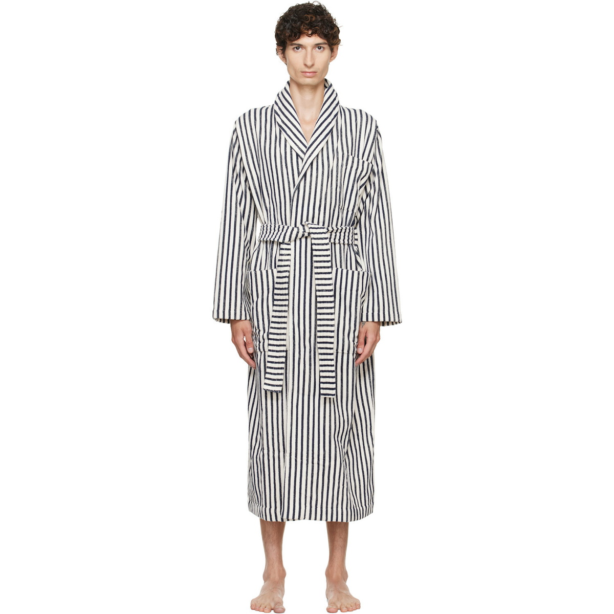 Tekla White & Navy Terry Classic Bathrobe