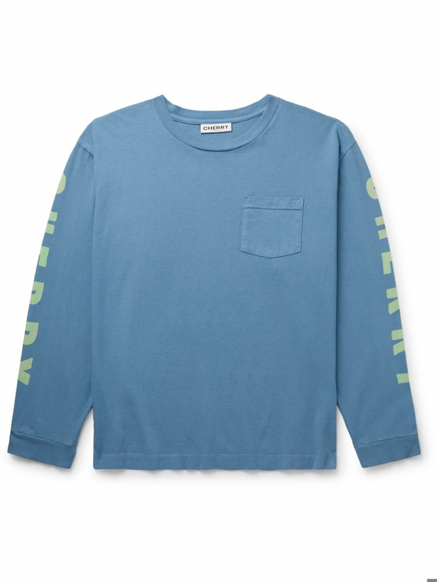 Photo: CHERRY LA - Garment-Dyed Stone-Washed Logo-Print Cotton-Jersey T-Shirt - Blue