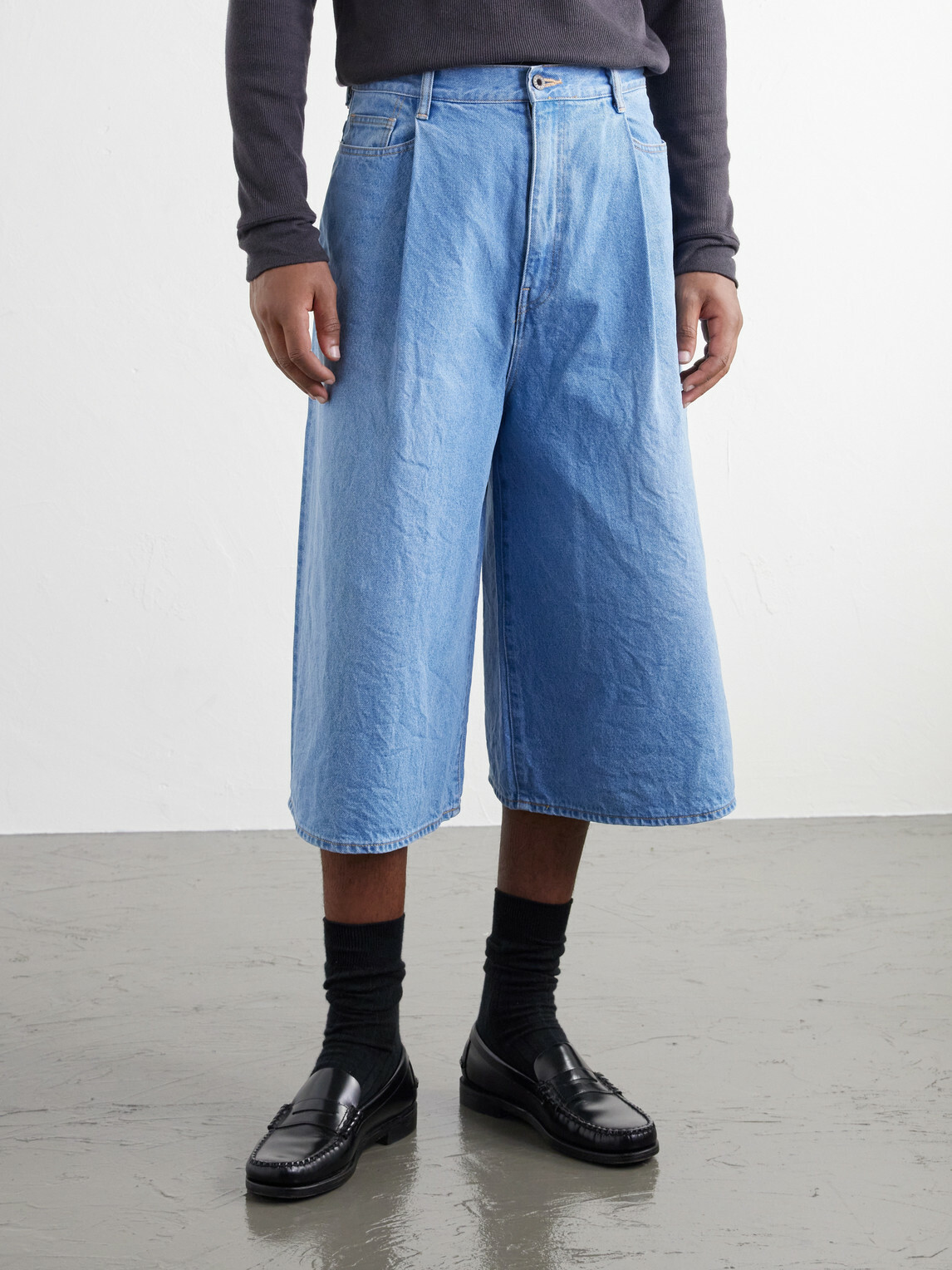KAPITAL - Wide-Leg Pleated Denim Shorts - Blue